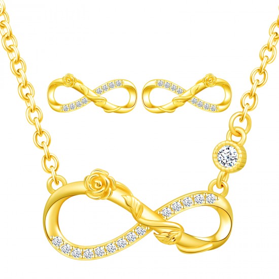 925 Silver, Gold Plated, Necklace With Stud Earrings, Infinity & Rose Flower Design Exclusive Jewellery Sets