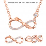 925 Silver, Rose Gold Plated, Necklace With Stud Earrings, Infinity & Rose Flower Design Exclusive Jewellery Sets