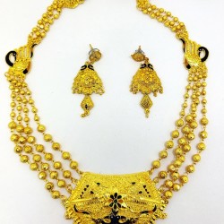 Gold Polish Bead Set, Peacock Design Meena Work with Earrings