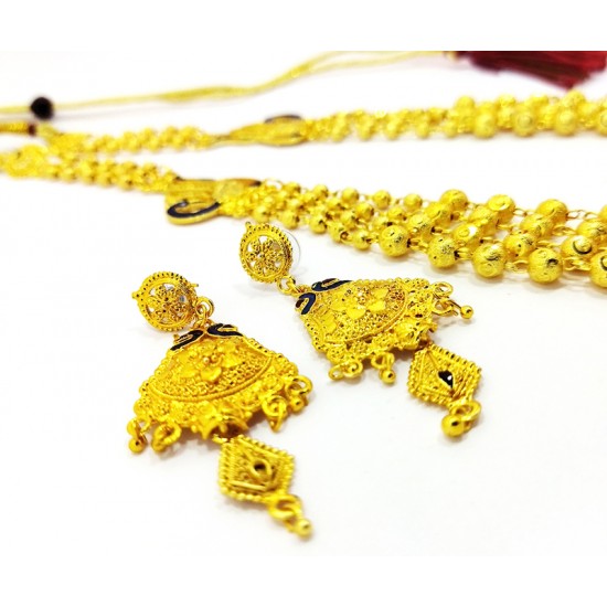 Gold Polish Bead Set, Peacock Design Meena Work with Earrings