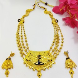 Gold Polish Bead Set, Peacock Design Meena Work with Earrings
