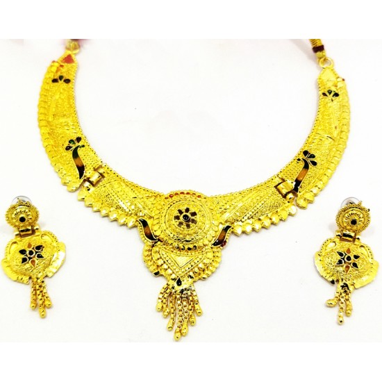 Gold Neck Jhallar Set, Peacock Design with Earrings