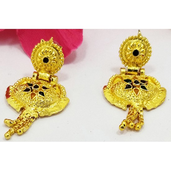 Gold Neck Jhallar Set, Peacock Design with Earrings