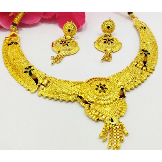 Gold Neck Jhallar Set, Peacock Design with Earrings