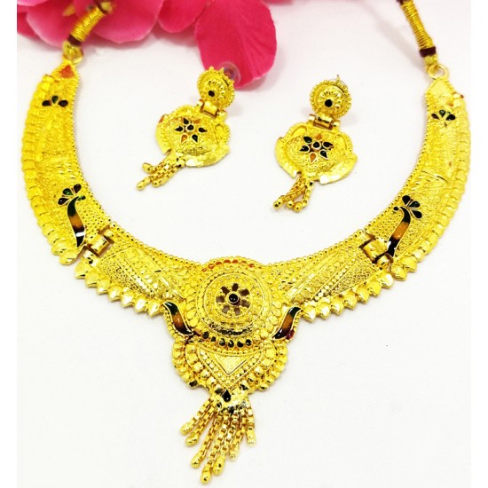 Gold Neck Jhallar Set, Peacock Design with Earrings