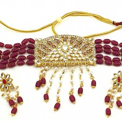 Maroon Stone Pearl Neck Set with Earrings