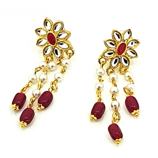 Maroon Stone Pearl Neck Set with Earrings