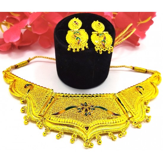 Rajwada Gold Neck Heavy Set, Peacock Design with Earrings