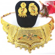 Rajwada Gold Neck Heavy Set, Peacock Design with Earrings