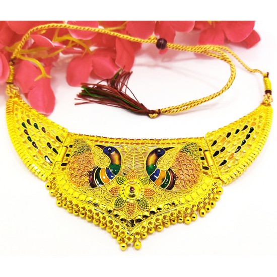 Rajwada Gold Neck Heavy Set, Double Peacock Design with Earrings