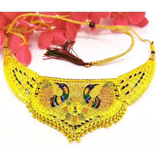 Rajwada Gold Neck Heavy Set, Double Peacock Design with Earrings