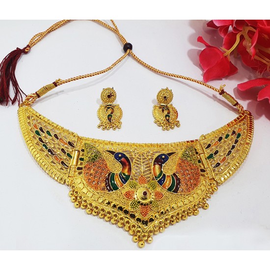 Rajwada Gold Neck Heavy Set, Double Peacock Design with Earrings