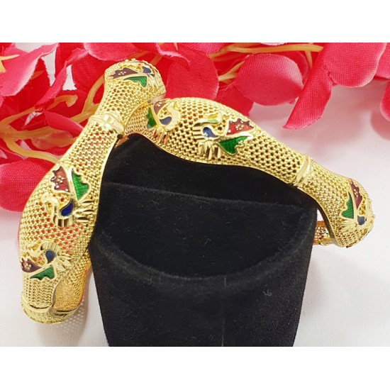 Artistic Unique Shape Gold Bangles with Meena Work