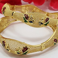 Artistic Unique Shape Gold Bangles with Meena Work