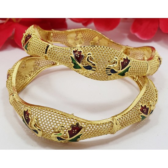 Artistic Unique Shape Gold Bangles with Meena Work