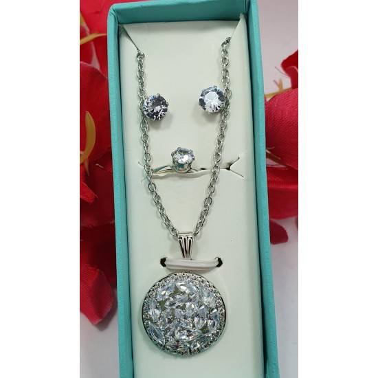  4 Piece Combo of Ring, Earring & Chain Pendant Silver & Diamond Designer Set