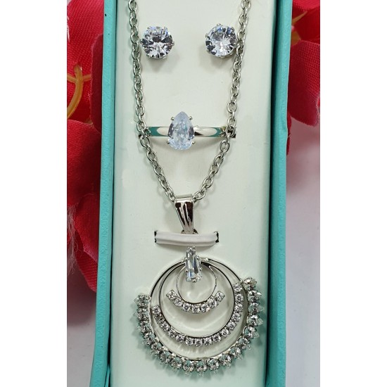  4 Piece Combo of Ring, Earring & Chain Pendant Silver & Diamond Designer Set