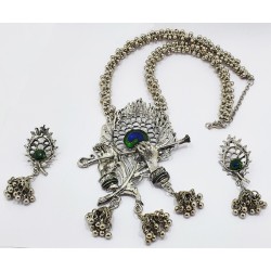 Krishna Oxidized Silver Finish Basuri Set With Earrings