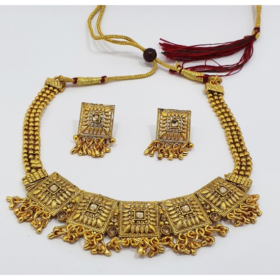 Square Shape Gold Neck Set with Earrings