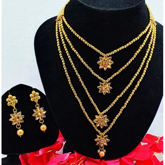 Long Four Star Gold & Stones Set with Earrings