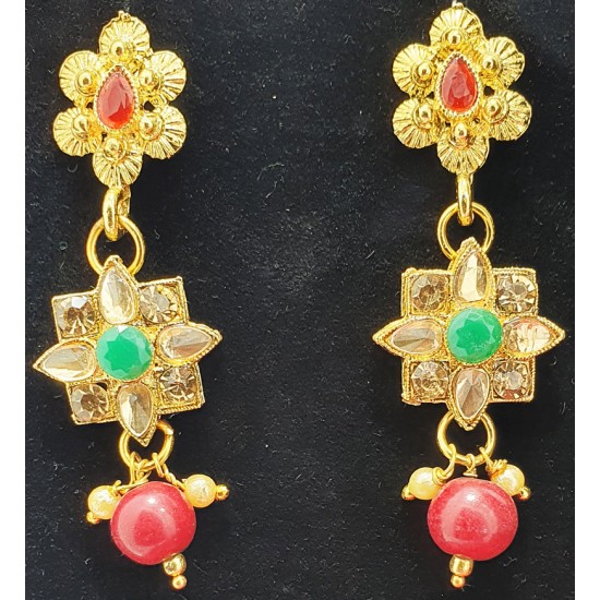 Long Four Star Gold & Colorful Stone Set with Earrings