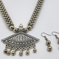 Unique Oxidized Silver Finish Fashion Triangular Set With Earrings