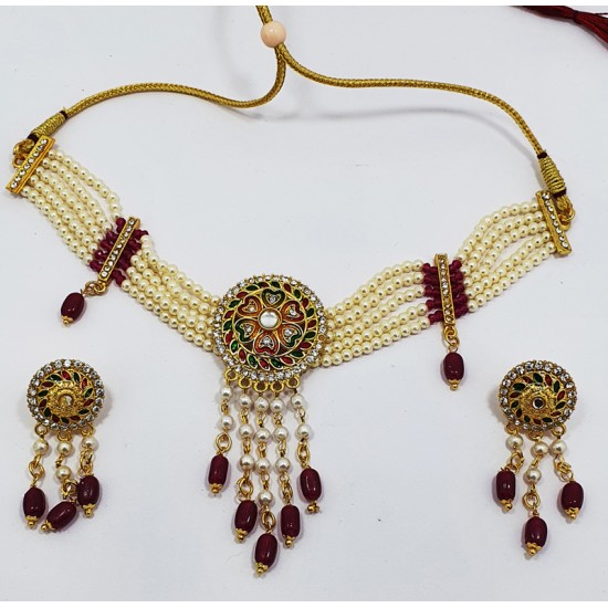 Maroon Pearl Neck Set with Earrings