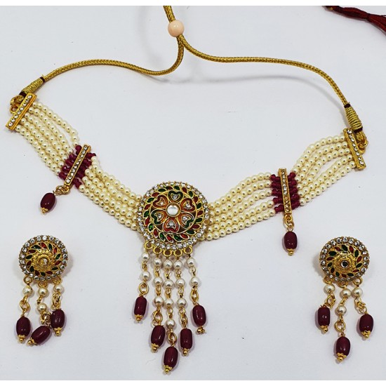 Maroon Pearl Neck Set with Earrings